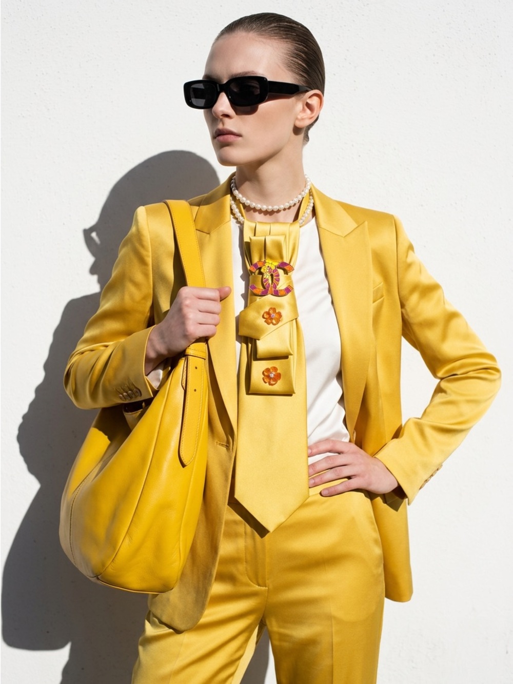 Luxury Brand Inspired Brooch with Yellow Satin Necklace Tie with crystal accents